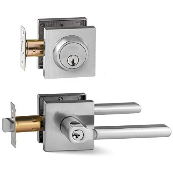 Berlin Modisch Entry Lever Door Handle and Single Cylinder Deadbolt Lock and Key Slim Square Locking Lever Handle Set [Front Door or Office] Right & Left Sided Doors Heavy Duty – Satin Nickel Finish